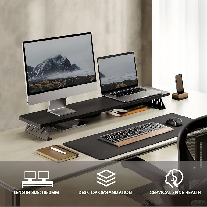 Fenge Dual Monitor Stand Riser, 42.5 Inch Desk Top Shelf for 2 Monitors, Computer Stands for Desk, Wood & Steel Desktop Riser for Laptop, PC, Printer - Image 8