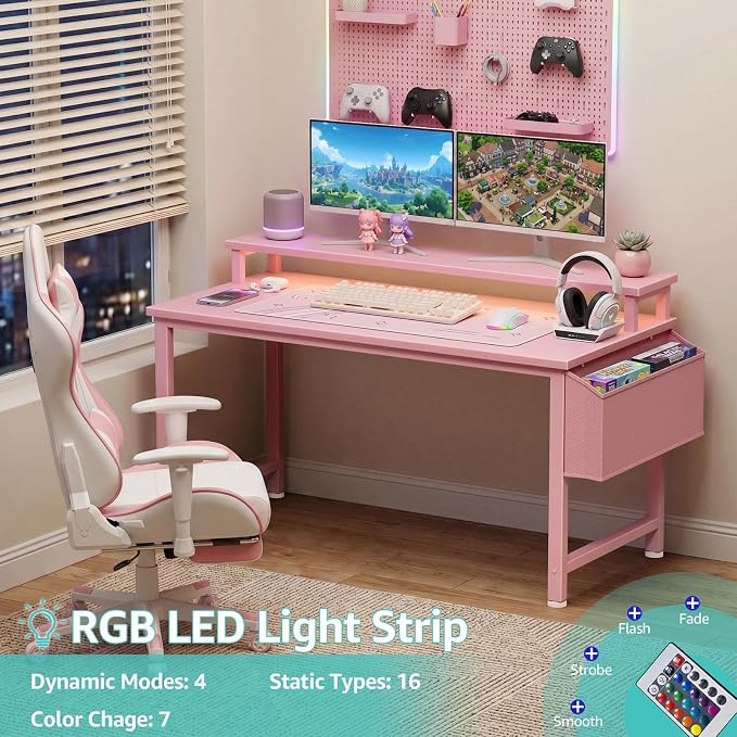 Lufeiya Small Girls Desk with Power Outlets and LED Lights, 32 Inch Gaming Desk Table with Charging Station, Home Office Computer Desks with Monitor, Pink - Image 4