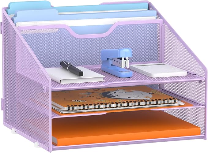 GAWERK Letter Tray Organizer, Mesh Desk File Organizer with 3 Paper Trays and 2 Vertical Upright Section (Purple) by Gawerk