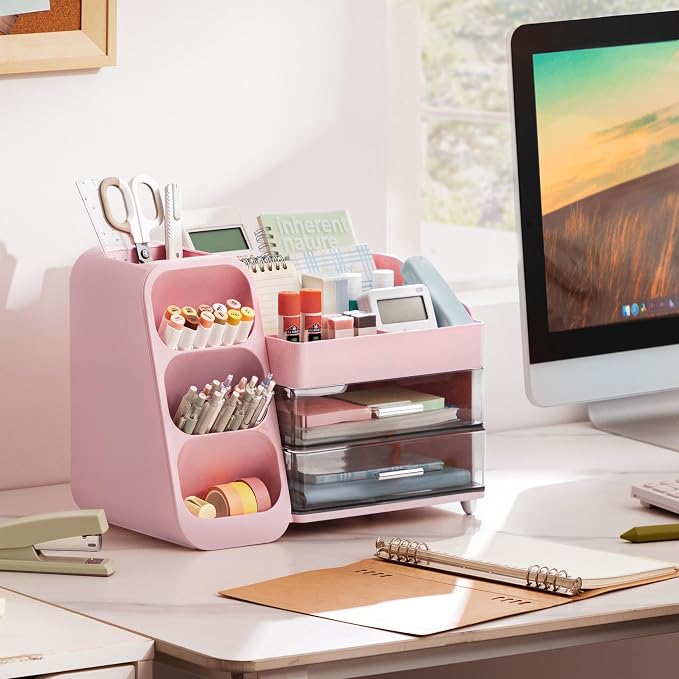 HBlife Desk Organizer with Pen Pencil Holder for Desk, Pen Organizer with 2 Drawers, Desk Organizers and Accessories with 4 Compartments, Desktop Storage for Office Home School Art Supplies, Pink - Image 8