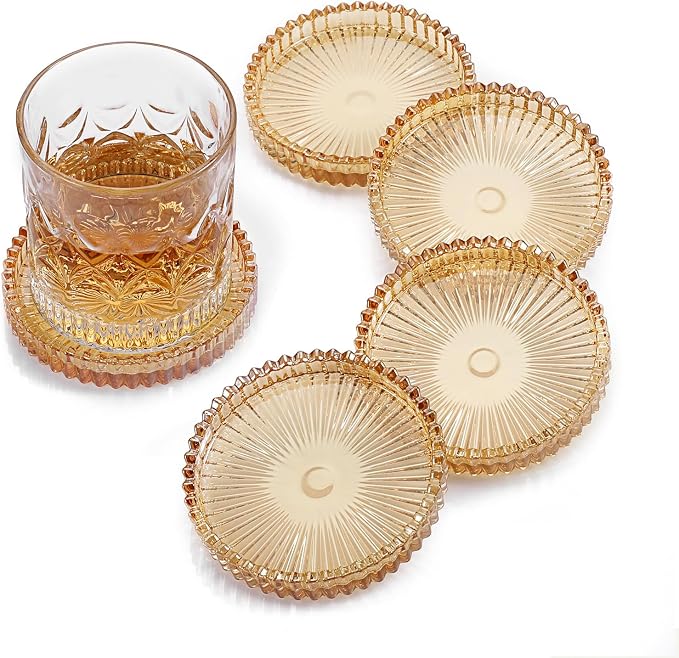 Modern Clear Coasters Set of 5- Glass Cute Coasters for Drinks Crystal Coaster Round Chic Cup Mat Cute Coffee Table Coaster for Kitchen, Bar, Dining Room, Living Room, Patio(Amber) by Unknown