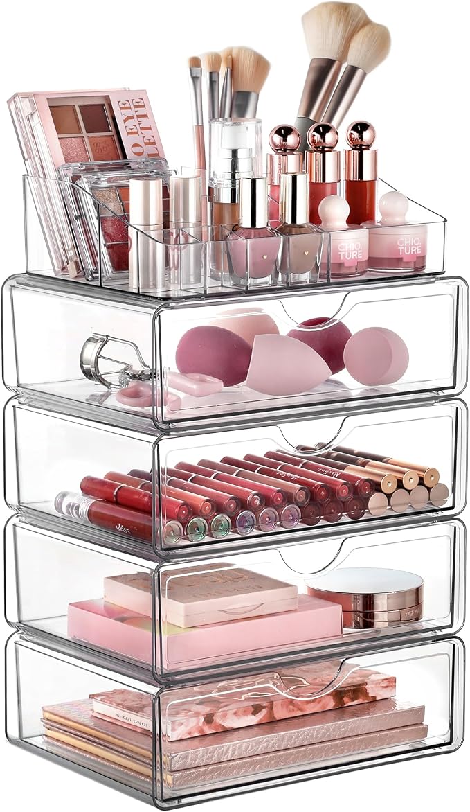Vtopmart 5 Tier Clear Makeup Organizer with Drawer, Cosmetic Storage for Dresser Countertop and Bathroom Vanity, Beauty Holder for Lipstick Brush Skincare | Smart Storage Layout, Clear for Better Visibility, Stackable, Large Capacity, for Makeup Lipsti... by Vtopmart