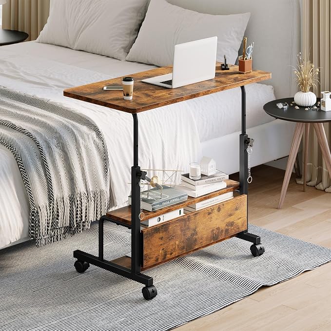 DUMOS Rolling Desk, Storage Shelves, Laptop Table, Home Office | Height Adjustable Design, Computer Desks on Wheels, Portable for Small Spaces Use, White - Image 8