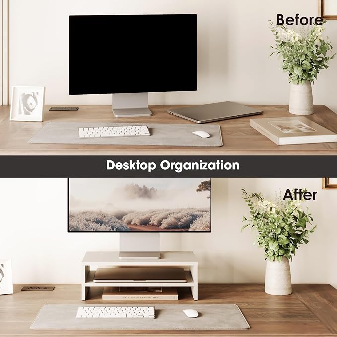 FITUEYES Monitor Stand - 2 Tier Computer Monitor Riser Shelf, Wood Desktop Stand for Laptop Computer Screen, Desk Organization, Office Supplies | For Laptop PC Screen Computer Printer TV, 2 Tiers, Non-slip Pads, Multi-functional, Multi-storage, Desk Sh... - Image 4