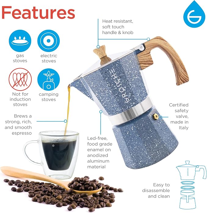 GROSCHE Milano Moka pot, Stovetop Espresso maker, Greca Coffee Maker, Stovetop coffee maker and espresso maker percolator (Indigo, 9 cup) | Cuban Coffee Maker And Italian Moka Pot For Stovetop Espresso; For Gas, Electric, And Propane Stoves With A Soft... - Image 4