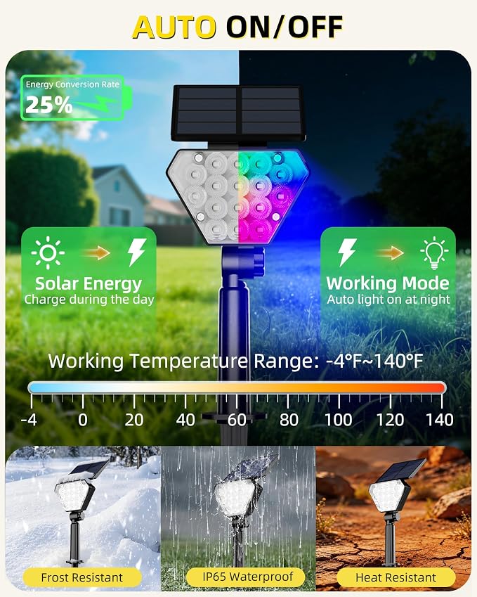 T-SUN Solar Lights Outdoor Waterproof IP65, 6Pack LED Solar Spot Lights Color Changing IP65 Waterproof Smart Auto On/Off for Outside Landscape Garden Yard Lawn Pathway Patio Driveway - Image 4