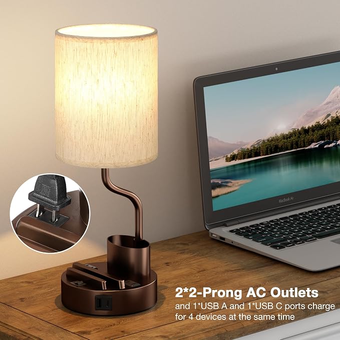 Fenmzee Bedside Lamps for Bedroom Set of 2 - Table Desk Lamp for Nightstand | 15" Table Lamp for Living Room with Pen Holder & Phone Stand, USB A+C Port, AC Outlet, 3 Color Temperature, LED Bulb Included - Image 3