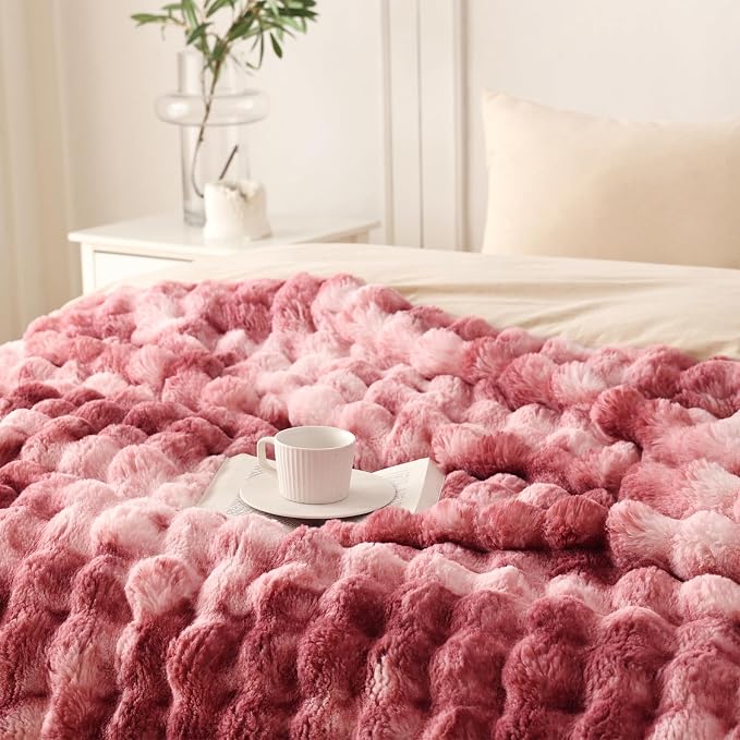 COOVA Faux Fur Throw Blanket for Couch, Cozy Soft and Fuzzy Plush Rabbit Fur Bubble Blanket for Sofa Bedroom Living Room, 60x80 Inches Tie Dye Magenta - Image 3