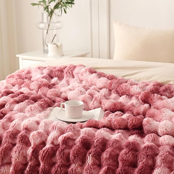 COOVA Faux Fur Throw Blanket for Couch, Cozy Soft and Fuzzy Plush Rabbit Fur Bubble Blanket for Sofa Bedroom Living Room, 50x60 Inches Tie Dye Magenta - Image 3