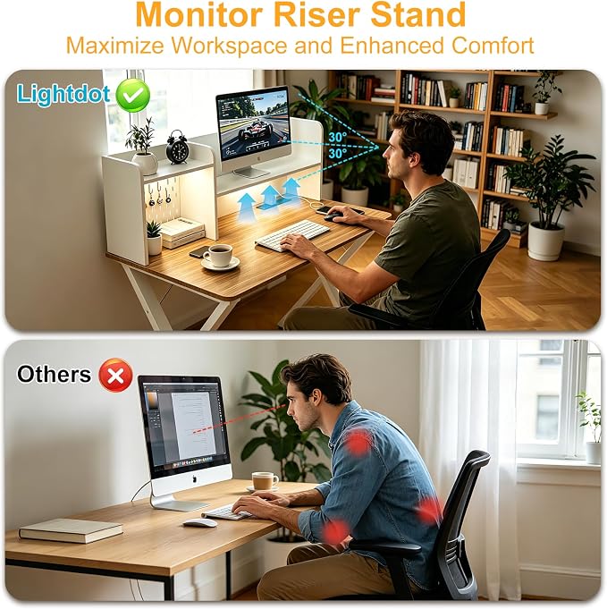 Lightdot 44"×24" White Computer Desk with Motion Sensor Light, Home Office Gaming Desk with Charging Station Pegboard, Modern Study Desk for Work Bedroom Game Kids Room Living Room - Image 4