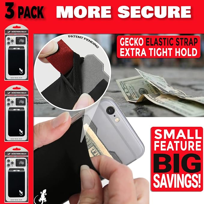Phone Wallet - Adhesive Card Holder - Cell Phone Pouch - Stick on Lycra Pocket by Gecko - Carry Credit Cards and Cash - Image 8
