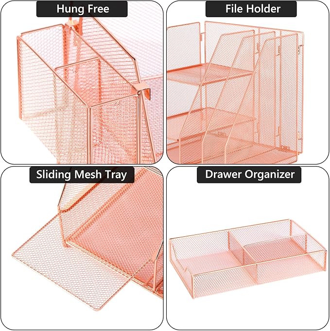 Topwey Rose Gold Desk Accessories, Office Supplies Desk Organizer Caddy with Sliding Drawer, Double Tray, File Organizer and pen holder for Home, Office School - Image 5
