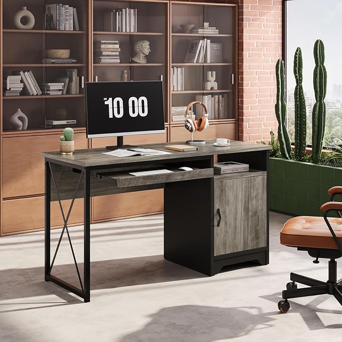 Bestier 47-Inch Office Desk with Storage Cabinet & Keyboard Tray, Grey | 47 Inch Desktop, Right Storage Cabinet, Sliding Keyboard Tray And X-Frame Support Create A Small-Space Home Office Desk. - Image 2