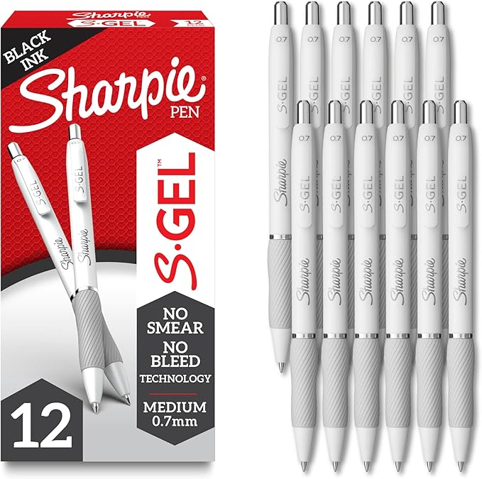 Sharpie S-Gel Gel Pens, Pearl White Body, Black Ink, Medium Point (0.7mm), 12 Count - For Journaling, Writing, Note-Taking, School, Office Supplies by Unknown