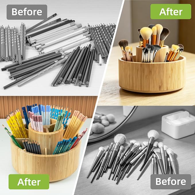 Utoplike Large Bamboo Rotating Pencil Holder, 360° Colored Pen Organizer | Spinning Art Supply Desk Caddy with Raised Center, 11-Compartment Desktop Storage for Pens, Markers and Office Supplies - Image 5