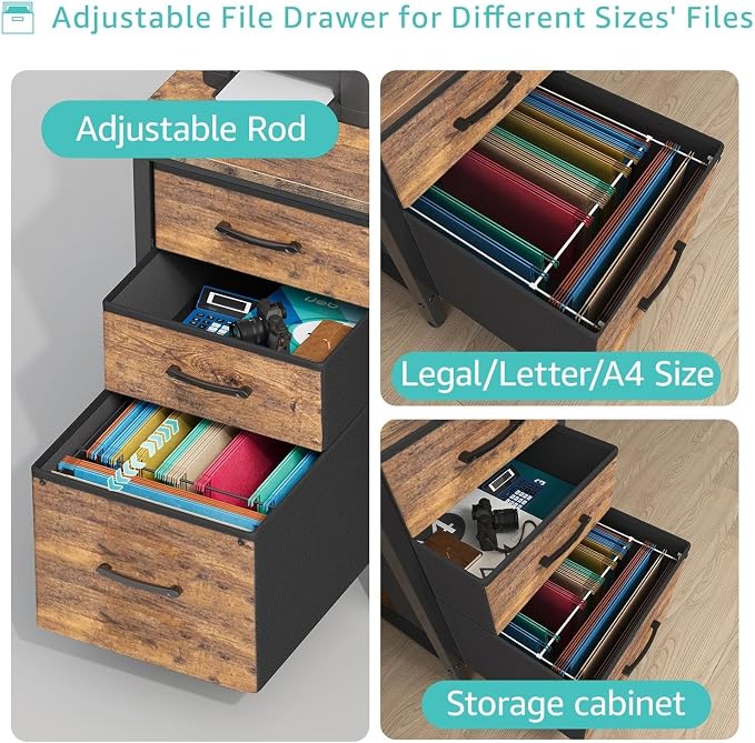 Lufeiya Computer Desk with Fabric File Drawers Cabinet, 55 Inch Reversible Home Office Desks with Filing Cabinet for Small Space, Study Writing Table PC Desks with Storage for Bedroom, Rustic Brown - Image 5