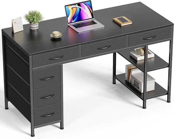 Huuger Computer Desk with 6 Drawers, Office Desk with Shelves, Reversible Gaming Desk, Corner Desk with Storage, Work for Home Office, Study, Living Room, 47inch, Black by Huuger