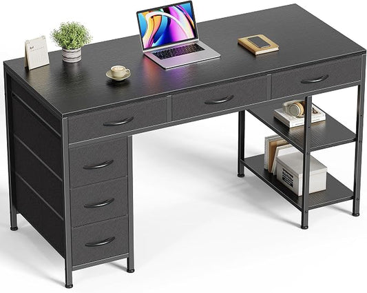 Huuger Computer Desk with 6 Drawers, Office Desk with Shelves, Reversible Gaming Desk, Corner Desk with Storage, Work for Home Office, Study, Living Room, 47inch, Black by Huuger