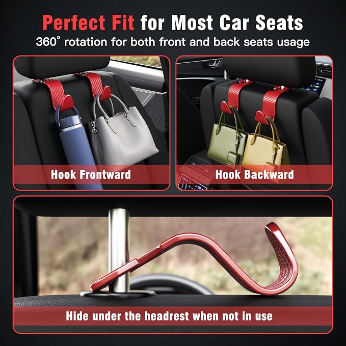 Amooca Car Seat Headrest Hook 4 Pack Hanger Universal Vehicle Car Storage Organizer for Handbag Purse Coat S Type Checkered Red - Image 3