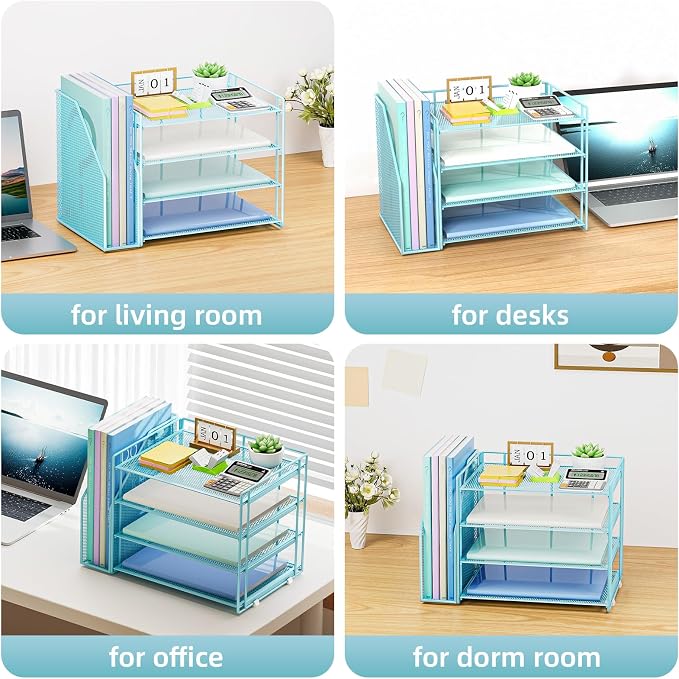 Marbrasse 4-Tier Paper Tray Organizer with File Holder, Blue | Sturdy Paper Tray, Built-in File Holder, fits Letters/Docs, Saves Desk Space, for School/Office/Home - Image 6