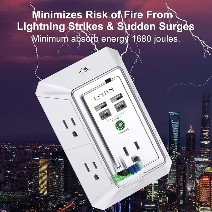 3-Sided Outlet Extender with Night Light - QINLIANF Multi Plug Outlet with 5 Outlets and 4 USB Ports(2 USB-C), USB Wall Charger for Home, Office, Travel, ETL Listed, White - Image 5