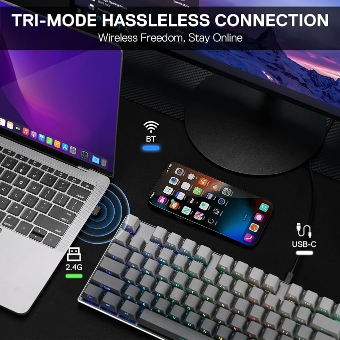Redragon K556 PRO Wireless RGB Gaming Keyboard, Aluminum Board, PBT Keycaps | 0 Delay Tri-Mode BT/2.4GHz/USB-C for More Devices, Rock-Solid Stability, AM-PM Using Durability, Pro Software, Gradient Color - Image 3