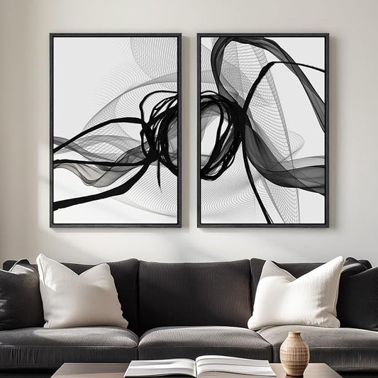 Large Framed Black and White Abstract Wall Art for Living Room, Set of 2 Modern Canvas Prints Paintings Artwork for Walls, Minimalist Lines Pictures for Dining Room Bedroom Office Wall Decor 24x36 In by Cuspin
