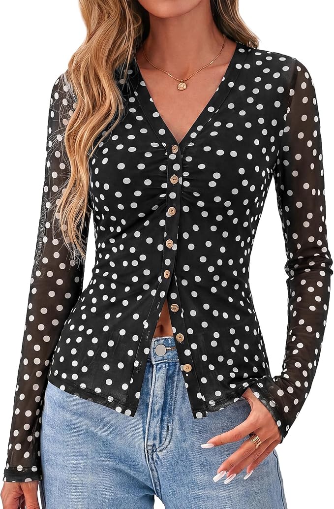 BTFBM Button Down Shirts for Women 2026 Fall Boho Tops V Neck Long Sleeve Blouses Ruched Mesh Fitted Fashion Clothing - Image 5