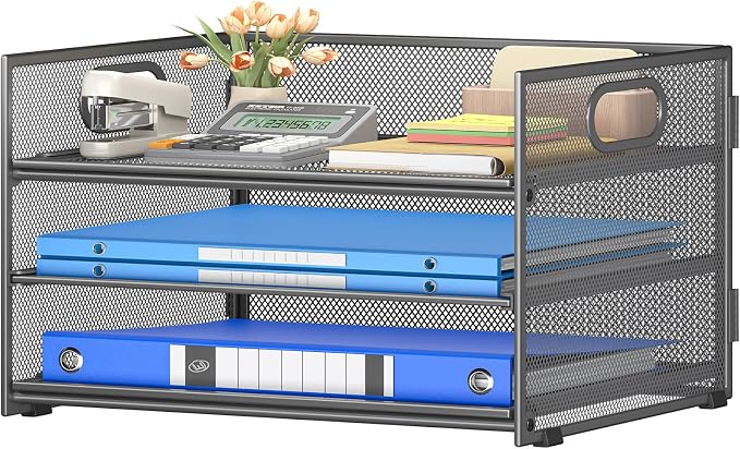 Subekyu 3 Tier Paper Letter Tray Organizer for Desk, Gray Metal Mesh Desk File Folder Sorter Organizer with Handle and Sliding Tray for Home, Office, School Supplies Organization Storage by SUBEKYU