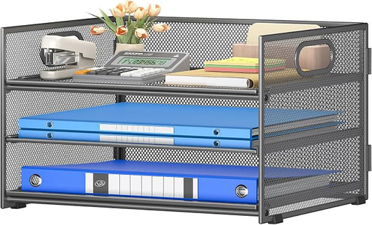 Subekyu 3 Tier Paper Letter Tray Organizer for Desk, Gray Metal Mesh Desk File Folder Sorter Organizer with Handle and Sliding Tray for Home, Office, School Supplies Organization Storage by SUBEKYU