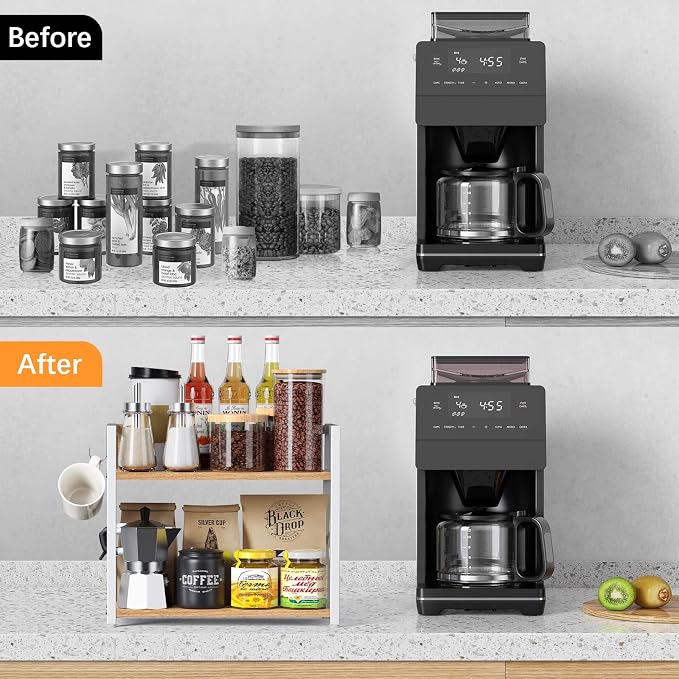 RUILALIFE Kitchen-Countertop-Organizer-Shelf, 2 Tier Coffee Bar Station Organizer for Counter,Wooden Spice Rack Shelf, Space Saving Desk Shelving Riser Unit, Coffee Bar Accessories (Maple, Large) - Image 6