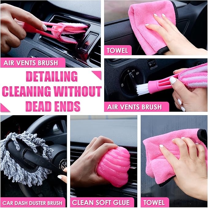 17pcs Car Cleaning Kit, Pink Car Interior Detailing Kit with High Power Handheld Vacuum, Detailing Brush Set, Windshield Cleaner, Cleaning Gel, Complete Auto Accessories for Women Gift - Image 5