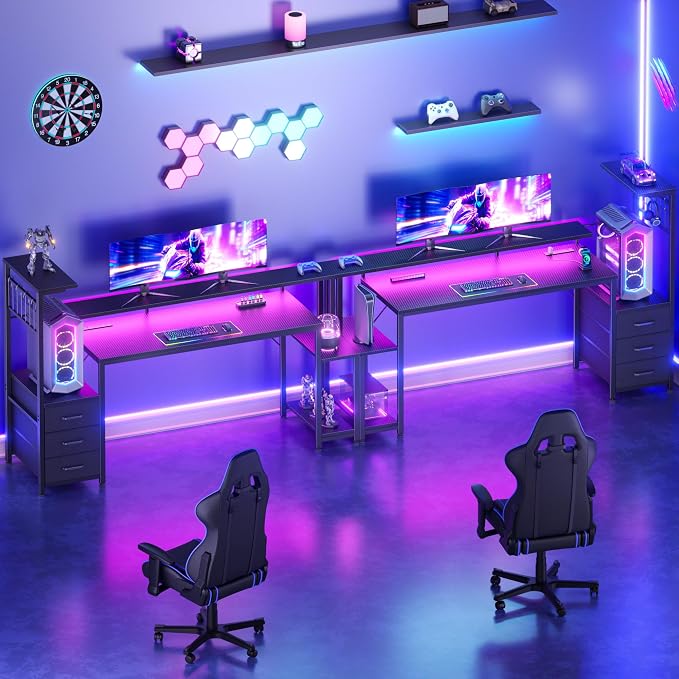 Korfile 63 Inch Gaming Desk with Bluetooth LED Lights & Power Outlets,Computer Desk with Fabric Drawers & Hooks,Reversible Gamer Table with Monitor Stand for Game Room,Home Office,Carbon Fiber Black | Reversible，Computer Desk, Gamer Table, Bluetooth LE... - Image 6