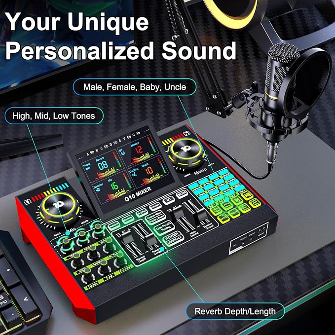 tenlamp Podcast Microphone Bundle with Live Sound Card Audio Mixer, Podcast Equipment Bundle with 3.5mm Boom Mic for Pc/Phone Live Streaming Singing Gaming, Sound Board with Voice Changer, Denoise - Image 3