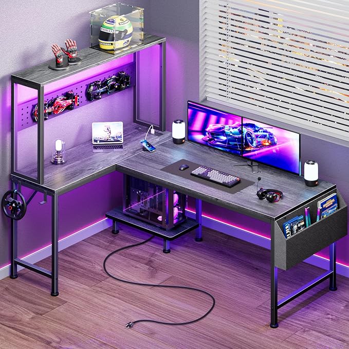 PRAISUN L Shaped Gaming Desk with LED Lights & Power Outlets, Reversible Computer Desk with Storage Shelves & Bag, Large Corner Home Office Desk with Pegboard for Work from Home, Grey by PRAISUN
