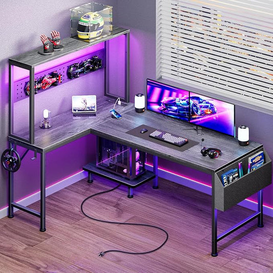PRAISUN L Shaped Gaming Desk with LED Lights & Power Outlets, Reversible Computer Desk with Storage Shelves & Bag, Large Corner Home Office Desk with Pegboard for Work from Home, Grey by PRAISUN