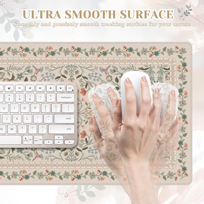 iCasso Aesthetic Flower Mouse Pad for Laptop, 23.6x13.7in Desk Pad, Beige | Desk Matt for Desktop,Anti-Slip Mousepad with Stitched Edges for Laptop Computer Keyboard - Image 3