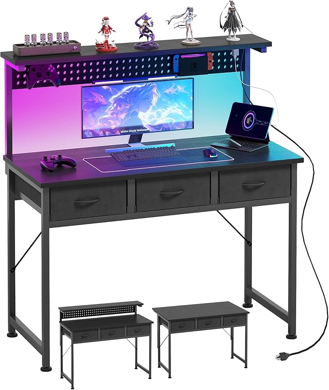 MUTUN Computer Desk with Drawers, 40 Inch Computer Desk with Power Outlet & LED Light, Gaming Desk with Adjustable Monitor Stand & Pegboard, Modern PC Study Writing Table for Bedroom, Black by MUTUN