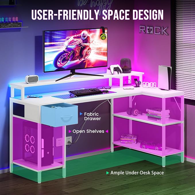 DUMOS 53 Inch Gaming Desk, L Shaped Desk, LED Lights | Monitor Stand, Storage Shelves, Computer Table, USB Charging Ports, Power Outlets, Small Spaces, White - Image 7