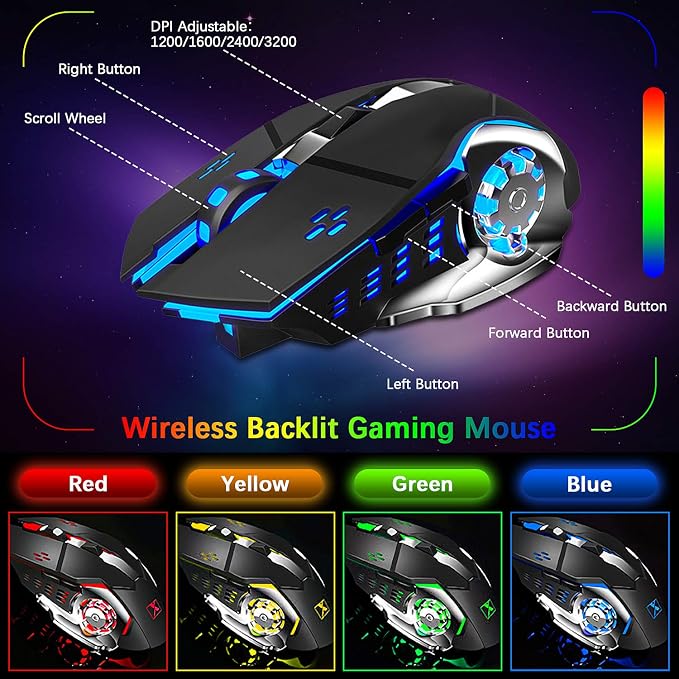 Wireless Gaming Keyboard and Mouse,Rainbow Backlit Rechargeable Keyboard Mouse with 3800mAh Battery Metal Panel,Removable Hand Rest Mechanical Feel Keyboard and 7 Color Gaming Mute Mice for PC Gamers - Image 4