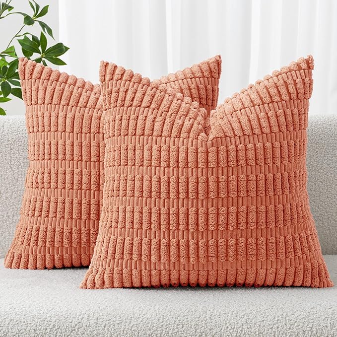 MIULEE Pack of 2 Corduroy Decorative Throw Pillow Covers 20x20 Inch Soft Boho Striped Pillow Covers Modern Farmhouse Home Decor for Summer Sofa Living Room Couch Bed Coral by MIULEE