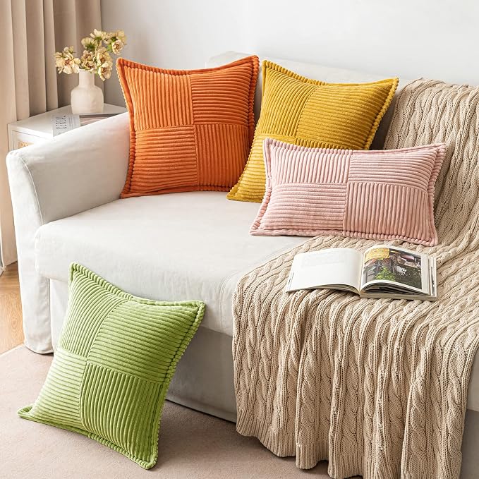 MIULEE Spring Decorative Throw Pillow Covers for Couch Bed Livingroom 18x18 Inch Set of 2 Green Boho Accent Throw Pllows Broadside Striped Patchwork Soft Corduroy Summer Pillowcases - Image 5