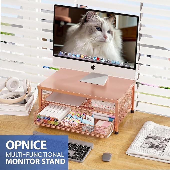 OPNICE Computer Monitor Stand Riser, Desk Organizer with Drawer, Printer & Laptop Stand, Office Desk Accessories & Workspace Desktop Organizers Storage for Office Supplies(Rose Gold) - Image 3