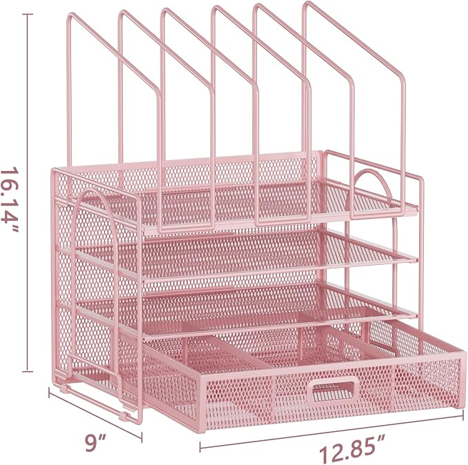 Marbrasse Desk Organizers, 4-Tier Mesh Desk File Organizer with 5 Vertical File Holders and 2 Pen Holders, Multifunction Desktop Organizer,Desk Organizers and Accessories for Home Office (Pink) - Image 5