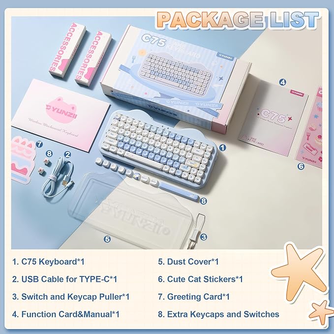 YUNZII C75 Cute 75% Wireless Mechanical Keyboard (Blue, Milk V2 Switch) | Creamy Cake Keyboard, BT5.0/2.4G/USB-C, Hot-Swap, NKRO, PBT MOA Keycaps,5500mAh RGB Gasket Mount for Mac/Win/Gaming/Office - Image 9