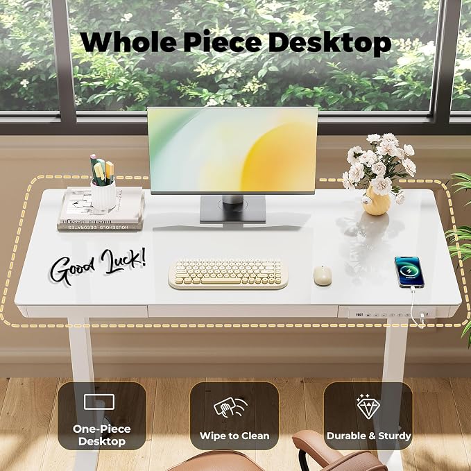 40" Glass Standing Desk with Drawer, Electric Stand up Desk | Height Adjustable Desk with One-Piece Tabletop & USB Charging Ports, Sit Stand Desk with Storage for Home Office, White - Image 7