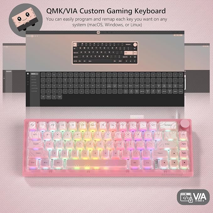 Womier 60% Percent Keyboard Pink Mechanical QMK/VIA Gaming Keyboard | Creamy Keyboard Topographic, Hot Swappable Gasket Mount RGB Wired Key board & Translucent Keycaps (VK66 PRO) - Image 2