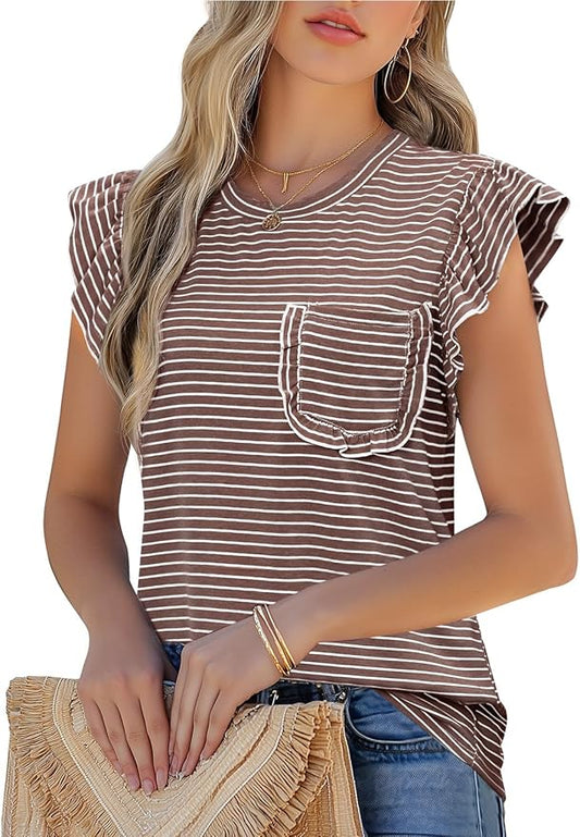 JUSTFASHIONNOW Womens Summer Tops Striped T-Shirts 2026 Ruffle Short Sleeve Crew Neck Casual Blouses with Pocket by Justfashionnow