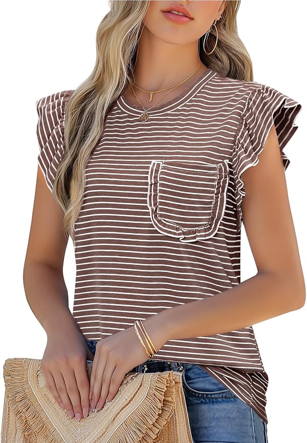JUSTFASHIONNOW Womens Summer Tops Striped T-Shirts 2026 Ruffle Short Sleeve Crew Neck Casual Blouses with Pocket by Justfashionnow