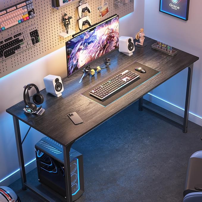 Huuger Computer Desk, 55 Inch Home Office Desk, Gaming Writing Work from Home Study Desk, Large Legroom, Sturdy Metal Frame, Modern Simple, Grey - Image 4